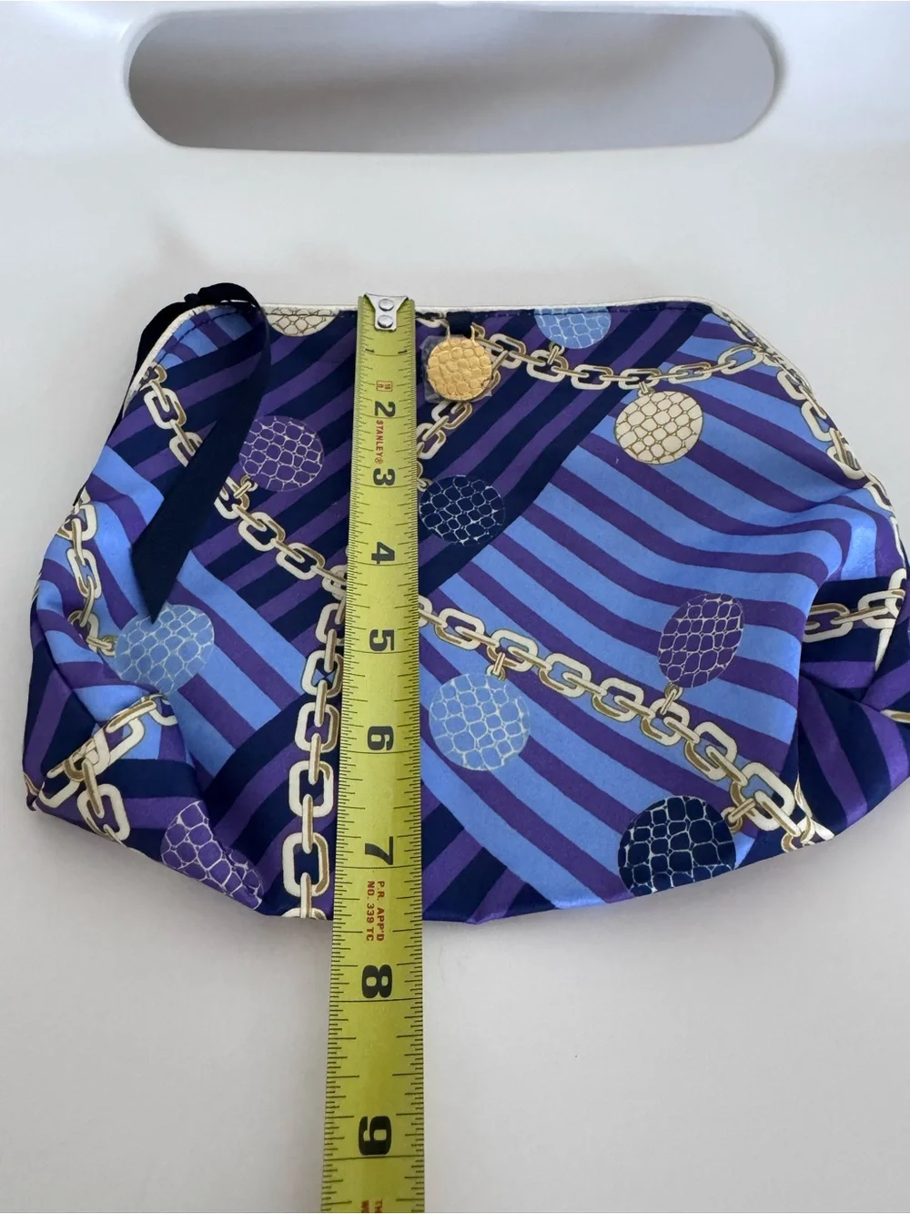 Vintage Satin Cosmetic Bag Purple Blue Chain Print Makeup Travel Toiletry Clutch